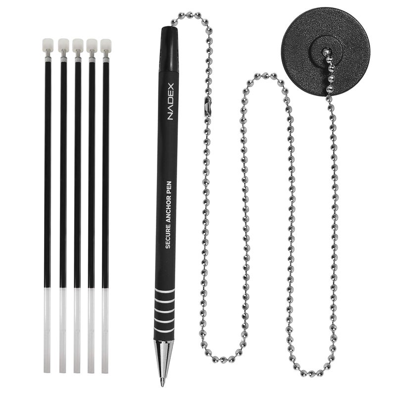 Nadex Ball and Chain Security Pen Set | 1 Pen, 1 Adhesive Mount, and 5 Refills (Black) - Image 2