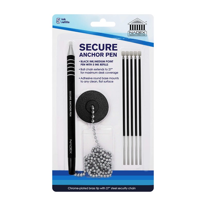 Nadex Ball and Chain Security Pen Set | 1 Pen, 1 Adhesive Mount, and 5 Refills (Black) - Image 1