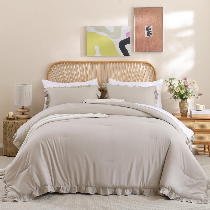 JANZAA Queen Comforter Set Oatmeal Comforter for Queen Size Bed 3PCS (1 Ruffle Comforter and 2 Pillowcases) Vintage Shabby Chic Bedding Soft Fluffy Comforter Set All Season - Image 4