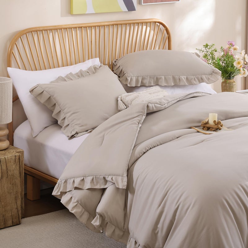 JANZAA Queen Comforter Set Oatmeal Comforter for Queen Size Bed 3PCS (1 Ruffle Comforter and 2 Pillowcases) Vintage Shabby Chic Bedding Soft Fluffy Comforter Set All Season - Image 3
