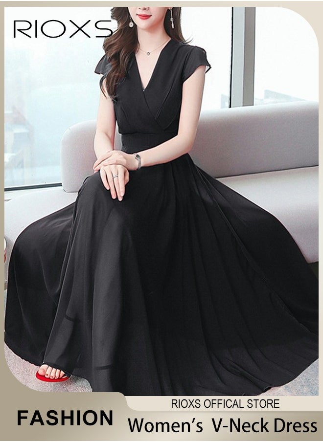 Women's Elegant High Waist Maxi Dress, V-neck Short-sleeved Dress, Ruched Wrap Summer Long Dress with Back Zipper, Stylish Exquisite Evening Prom Dress, Perfect for Both Casual and Formal Occasions - pzsku/ZE83C267ABD686D047140Z/45/_/1725068088/50e3aac1-1890-401a-9c80-3bdce054ad0c