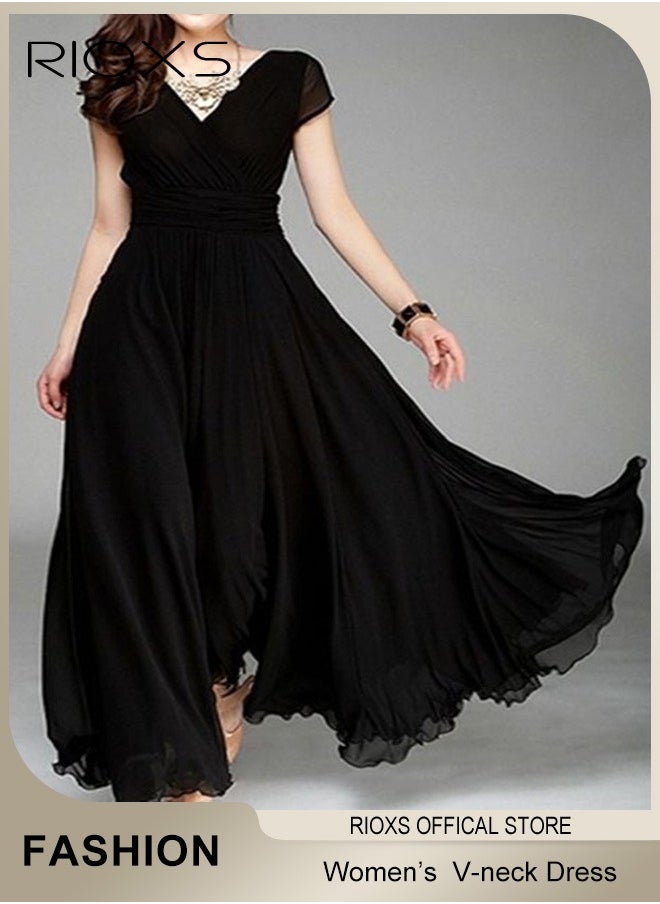 Women's Elegant High Waist Maxi Dress, V-neck Short-sleeved Dress, Ruched Wrap Summer Long Dress with Back Zipper, Stylish Exquisite Evening Prom Dress, Perfect for Both Casual and Formal Occasions - pzsku/ZE83C267ABD686D047140Z/45/_/1734083531/38c69d6e-ff42-4230-9bca-1bc18a5ffbc2