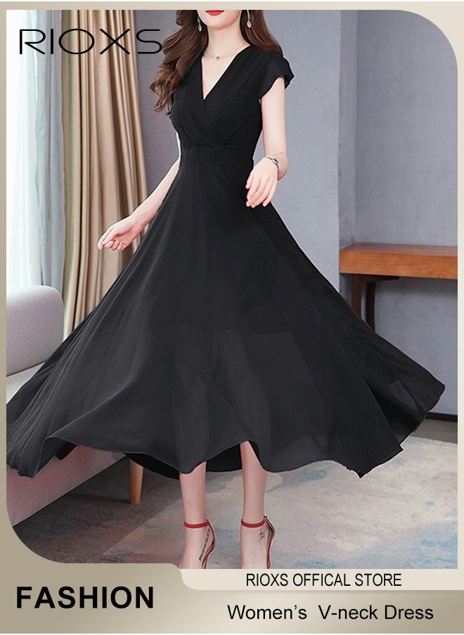 Women's Elegant High Waist Maxi Dress, V-neck Short-sleeved Dress, Ruched Wrap Summer Long Dress with Back Zipper, Stylish Exquisite Evening Prom Dress, Perfect for Both Casual and Formal Occasions - pzsku/ZE83C267ABD686D047140Z/45/_/1734083541/a4d785ea-c1f3-4c03-8e19-7b2932b23181