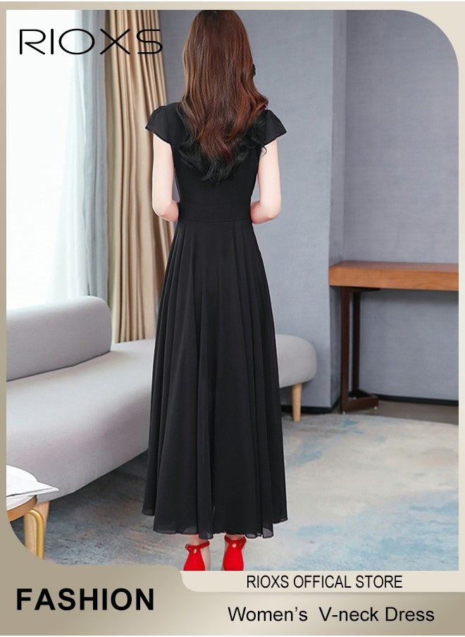 Women's Elegant High Waist Maxi Dress, V-neck Short-sleeved Dress, Ruched Wrap Summer Long Dress with Back Zipper, Stylish Exquisite Evening Prom Dress, Perfect for Both Casual and Formal Occasions - pzsku/ZE83C267ABD686D047140Z/45/_/1734083552/9a848114-7c5f-47e6-8f36-f58808a06ee6