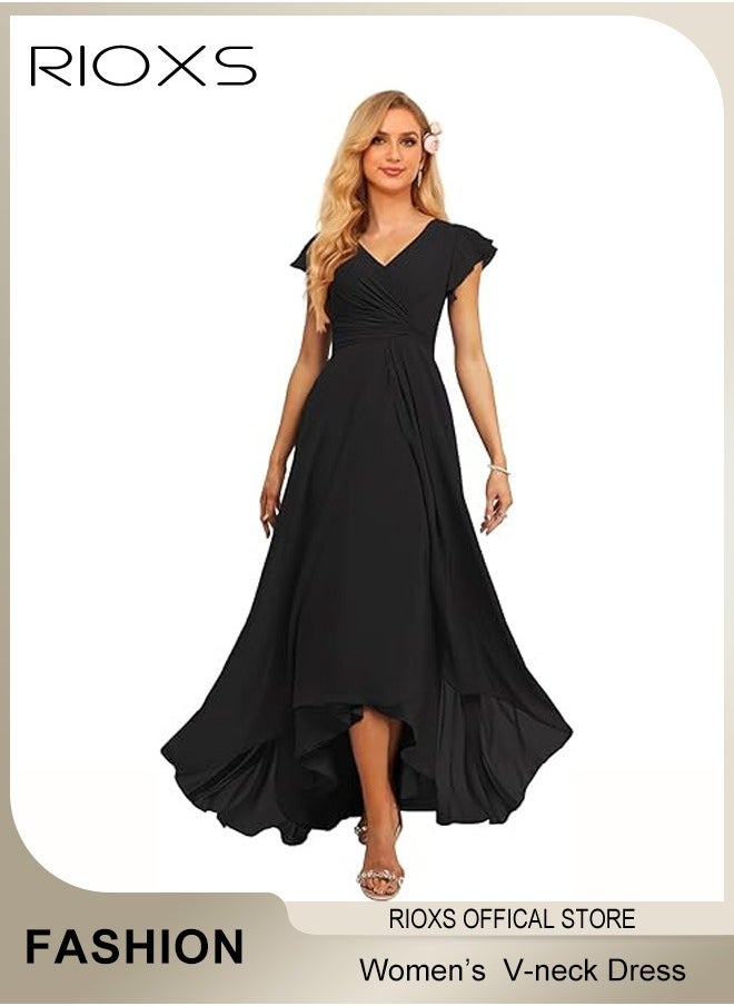 Women's Elegant High Waist Maxi Dress, V-neck Short-sleeved Dress, Ruched Wrap Summer Long Dress with Back Zipper, Stylish Exquisite Evening Prom Dress, Perfect for Both Casual and Formal Occasions - pzsku/ZE83C267ABD686D047140Z/45/_/1734084261/dbdf4aa2-435a-4fe0-b9bc-16dad66244b4