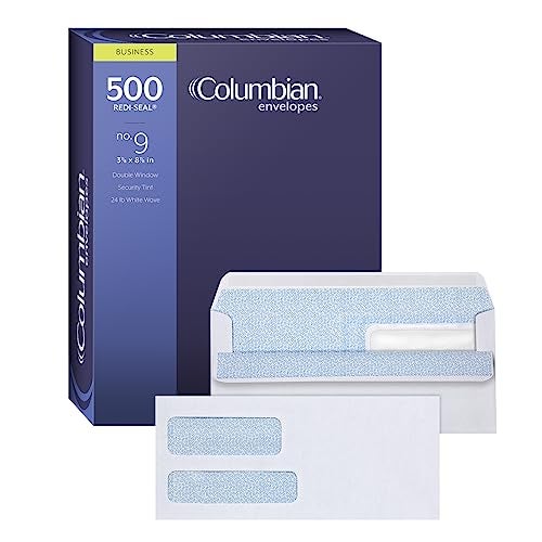 Columbian 9 Security Envelopes 500Box Double Window 378 x 878 RediSeal Self Seal For Invoices QuickBooks Statements White COLO181