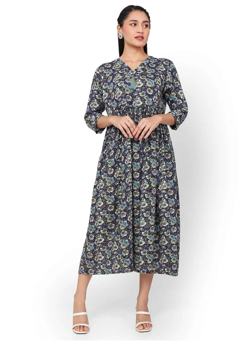 HANA & SARA SOFT RAYON FLORAL PRINTED BLUE COLOUR SHORT CASUAL ARABIC KAFTAN JALABIYA DRESS