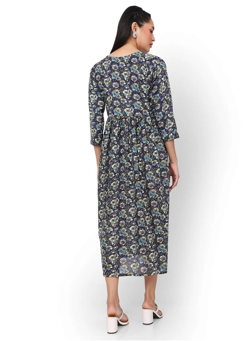 HANA & SARA SOFT RAYON FLORAL PRINTED BLUE COLOUR SHORT CASUAL ARABIC KAFTAN JALABIYA DRESS