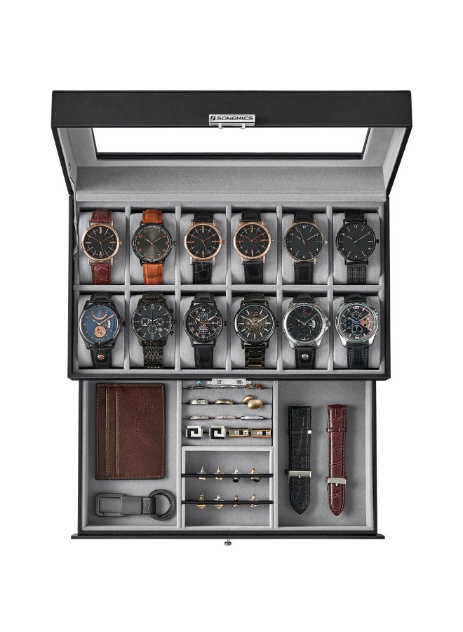SONGMICS Watch Box, Watch Case with Glass Lid, 2-Tier Watch Display Case for 12 Watches, Lockable, 1 Drawer, Gift Idea, Black Synthetic Leather, Grey Lining - Image 1