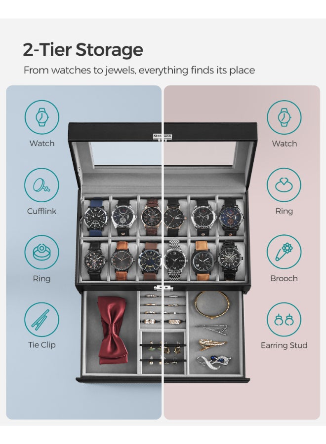 SONGMICS Watch Box, Watch Case with Glass Lid, 2-Tier Watch Display Case for 12 Watches, Lockable, 1 Drawer, Gift Idea, Black Synthetic Leather, Grey Lining - Image 3