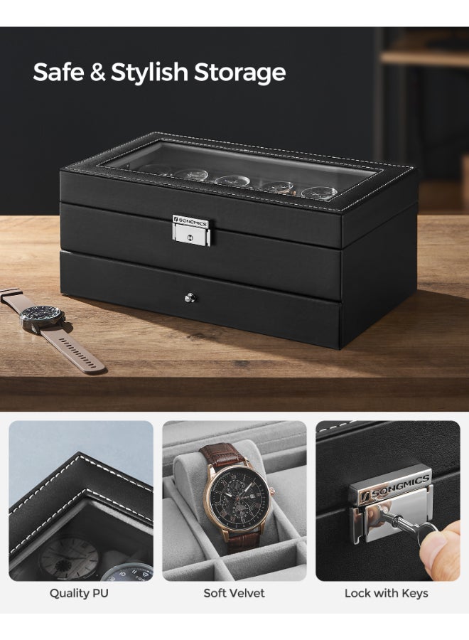 SONGMICS Watch Box, Watch Case with Glass Lid, 2-Tier Watch Display Case for 12 Watches, Lockable, 1 Drawer, Gift Idea, Black Synthetic Leather, Grey Lining - Image 4