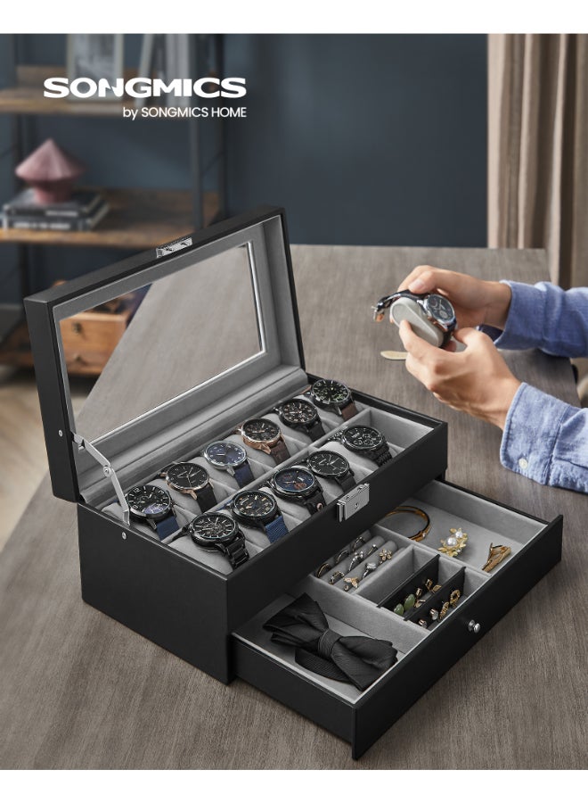 SONGMICS Watch Box, Watch Case with Glass Lid, 2-Tier Watch Display Case for 12 Watches, Lockable, 1 Drawer, Gift Idea, Black Synthetic Leather, Grey Lining - Image 2
