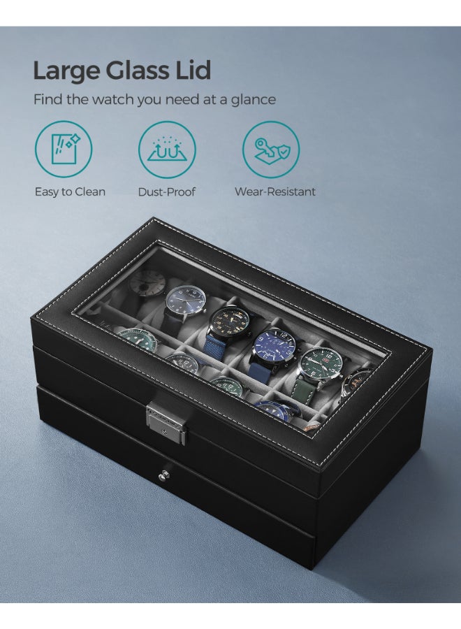 SONGMICS Watch Box, Watch Case with Glass Lid, 2-Tier Watch Display Case for 12 Watches, Lockable, 1 Drawer, Gift Idea, Black Synthetic Leather, Grey Lining - Image 5
