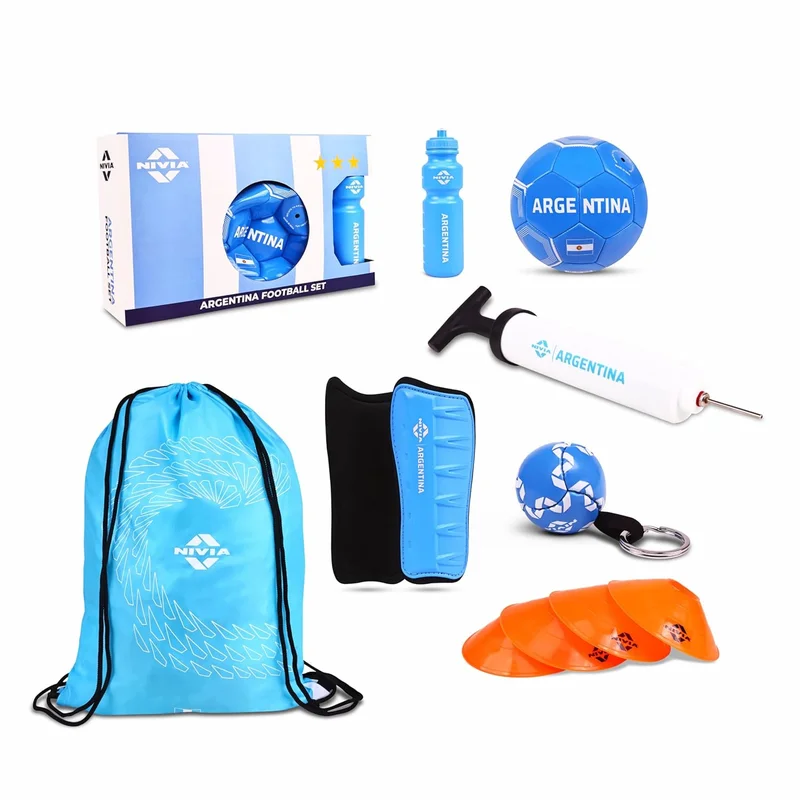 نيفيا Nivia Argentina Football Set - Complete 7-in-1 Kit with PVC Football, Shin Guards, Pump, Carry Bag, Water Bottle, Cones, and Key Ring