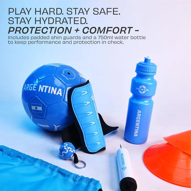 نيفيا Nivia Argentina Football Set - Complete 7-in-1 Kit with PVC Football, Shin Guards, Pump, Carry Bag, Water Bottle, Cones, and Key Ring