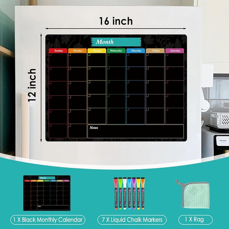 MaxGear Monthly Black Magnetic Calendar for Refrigerator, 16 X 12 Fridge Chalkboard, Magnetic Dry Erase Calendar White Board Planning Board for Fridge with 7 Fine Point Markers,1 Cloth - Image 4