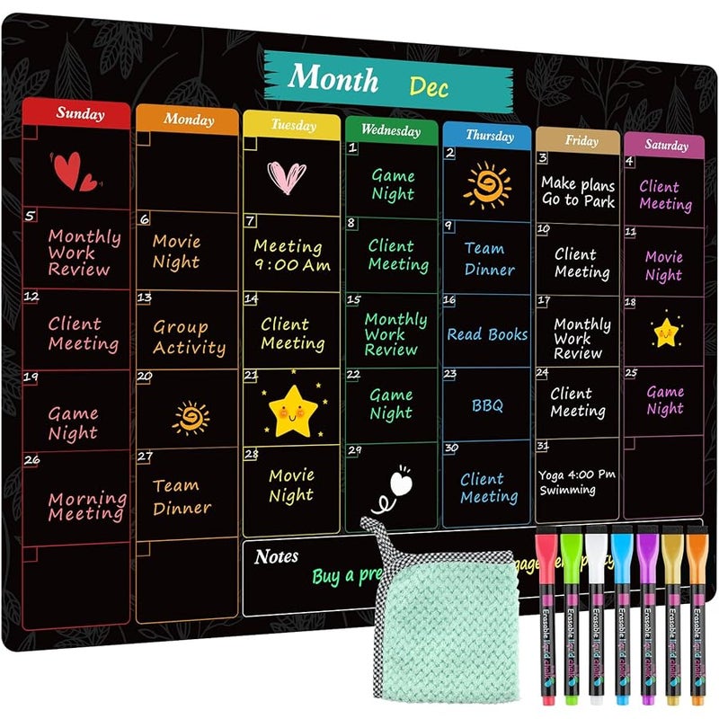 MaxGear Monthly Black Magnetic Calendar for Refrigerator, 16 X 12 Fridge Chalkboard, Magnetic Dry Erase Calendar White Board Planning Board for Fridge with 7 Fine Point Markers,1 Cloth - Image 1