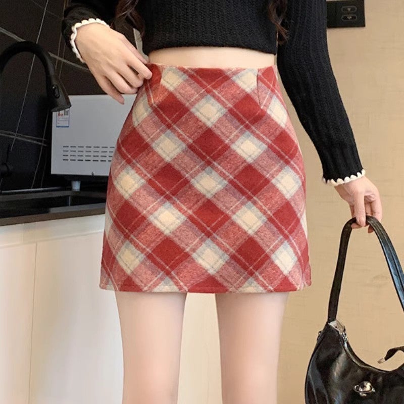 Gray Plaid Woolen Skirt Womens Autumn and Winter Short Skirt 2024 New High-Waisted A-Line Slimming Look Hip Skirt for Small People Red/lined - Image 2