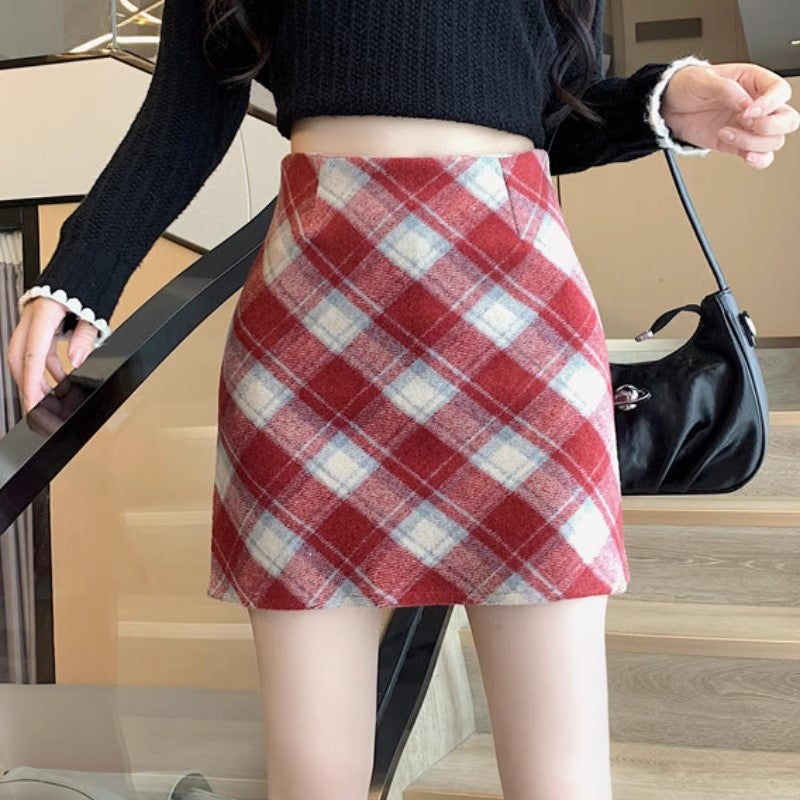 Gray Plaid Woolen Skirt Womens Autumn and Winter Short Skirt 2024 New High-Waisted A-Line Slimming Look Hip Skirt for Small People Red/lined - Image 4