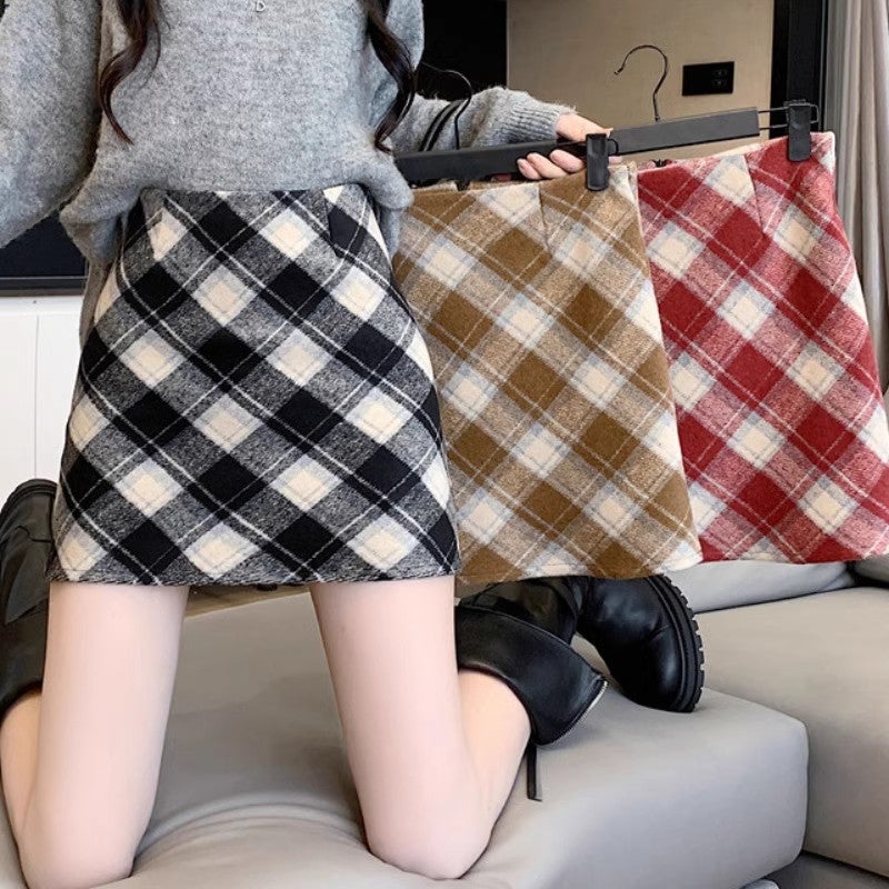 Gray Plaid Woolen Skirt Womens Autumn and Winter Short Skirt 2024 New High-Waisted A-Line Slimming Look Hip Skirt for Small People Red/lined - Image 3