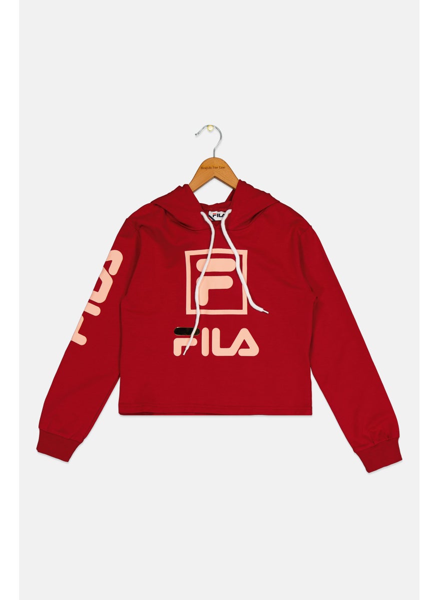 FILA Kids Girl Sportswear Fit Long Sleeves Hooded Sweatshirts, Dark Red  - Image 1