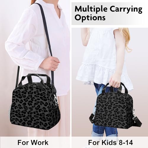 WOBAGMEN Lunch Bag for Women, Insulated Lunch Box With Adjustable Shoulder Strap, Small Reusable Tote for Girls Adults Work School (black leopard) - Image 2