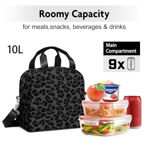 WOBAGMEN Lunch Bag for Women, Insulated Lunch Box With Adjustable Shoulder Strap, Small Reusable Tote for Girls Adults Work School (black leopard) - Image 3