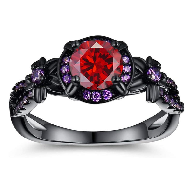 VOLUKA Vintage Black Gold Plated Ring with Created Garnet Gemstone, Purple CZ Accents, Wedding Engagement Band, Sizes 5-10 (7) - Image 1