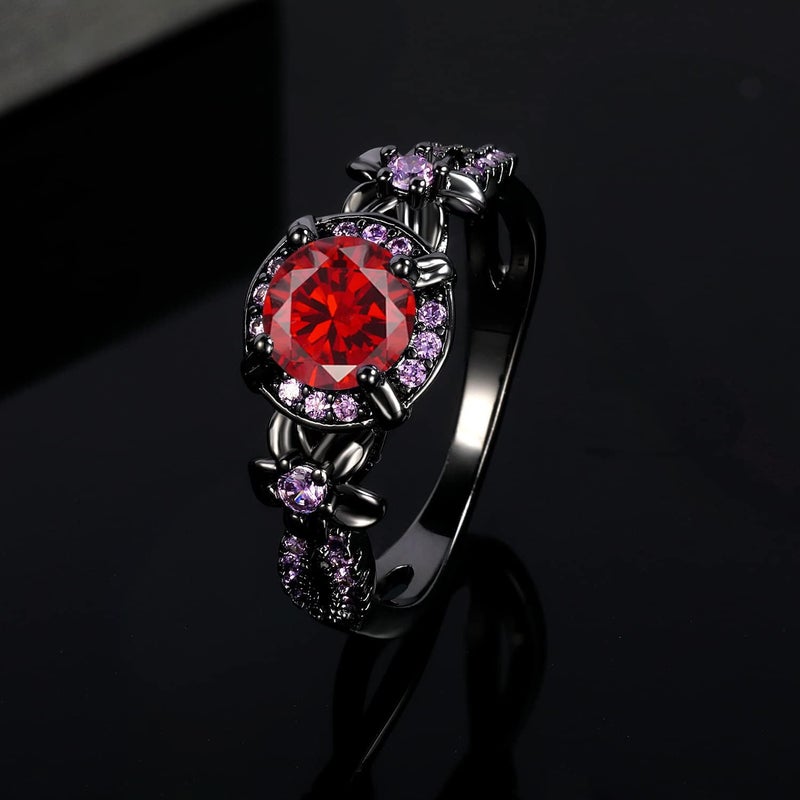 VOLUKA Vintage Black Gold Plated Ring with Created Garnet Gemstone, Purple CZ Accents, Wedding Engagement Band, Sizes 5-10 (7) - Image 3