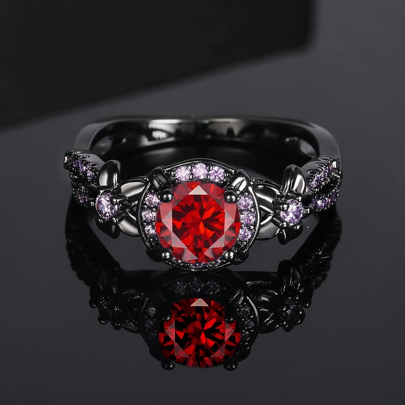 VOLUKA Vintage Black Gold Plated Ring with Created Garnet Gemstone, Purple CZ Accents, Wedding Engagement Band, Sizes 5-10 (7) - Image 5