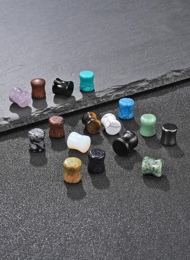 PiercingJ Acrylic Wood Mixed Stone Plugs 16 Pairs/32 Pieces Set Ear Plugs Ear Tunnels Ear Gauges Double Flared Ear Expander Stretcher Set (2g=6mm) - Image 3