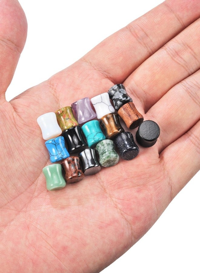 PiercingJ Acrylic Wood Mixed Stone Plugs 16 Pairs/32 Pieces Set Ear Plugs Ear Tunnels Ear Gauges Double Flared Ear Expander Stretcher Set (2g=6mm) - Image 2