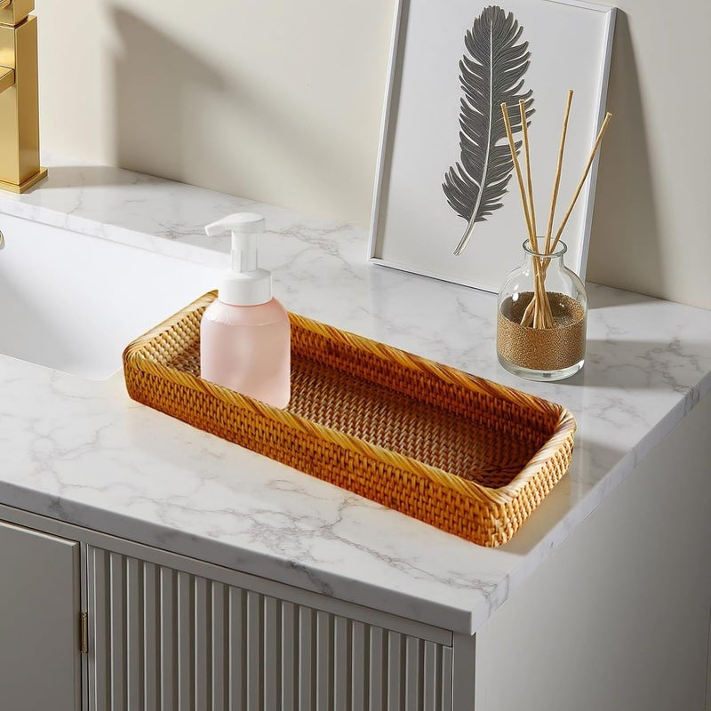 2 Pack Handwoven Rattan Rectangular Trays, 15×5.1×2 in (38×13×5 cm), Brown Vanity Organizer for Bathroom, Toilet Tank, Countertop, Coffee Table, and Serving Decor - Image 3