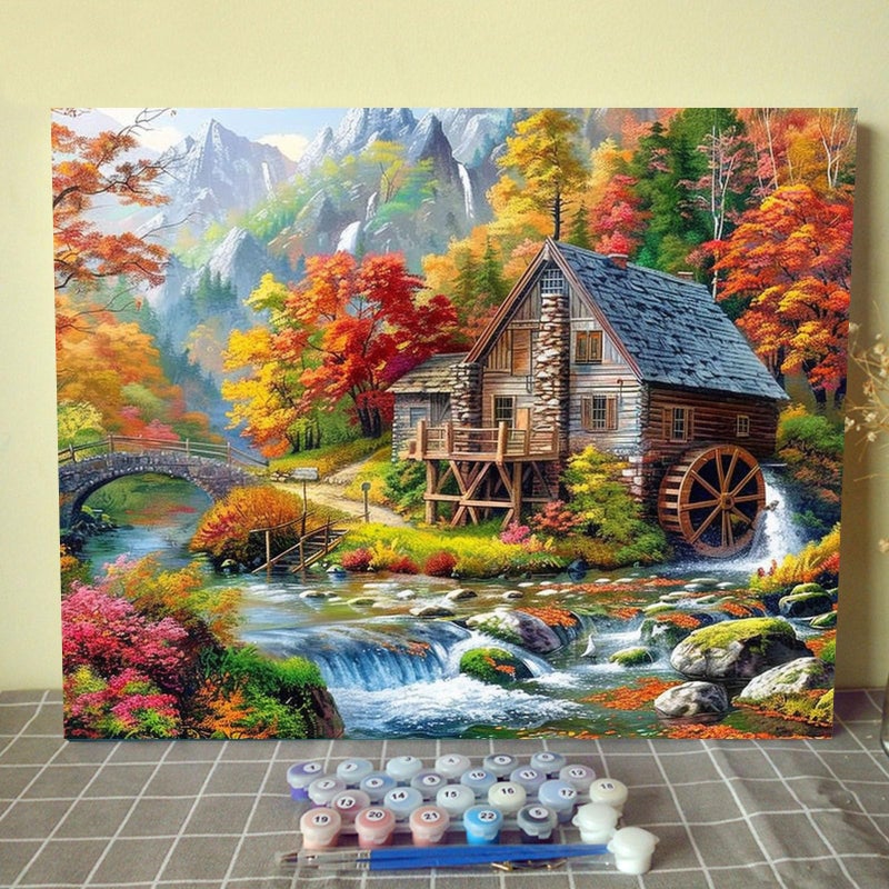 Aihonmin Log Cabin in Autumn Paint by Numbers Mountain River Landscape Paint by Numbers Kits for Adult,Still Life Pictures Painting Art Gift Perfect for Gift Home Wall Decor Without Framed 16''W x 20''H - Image 1