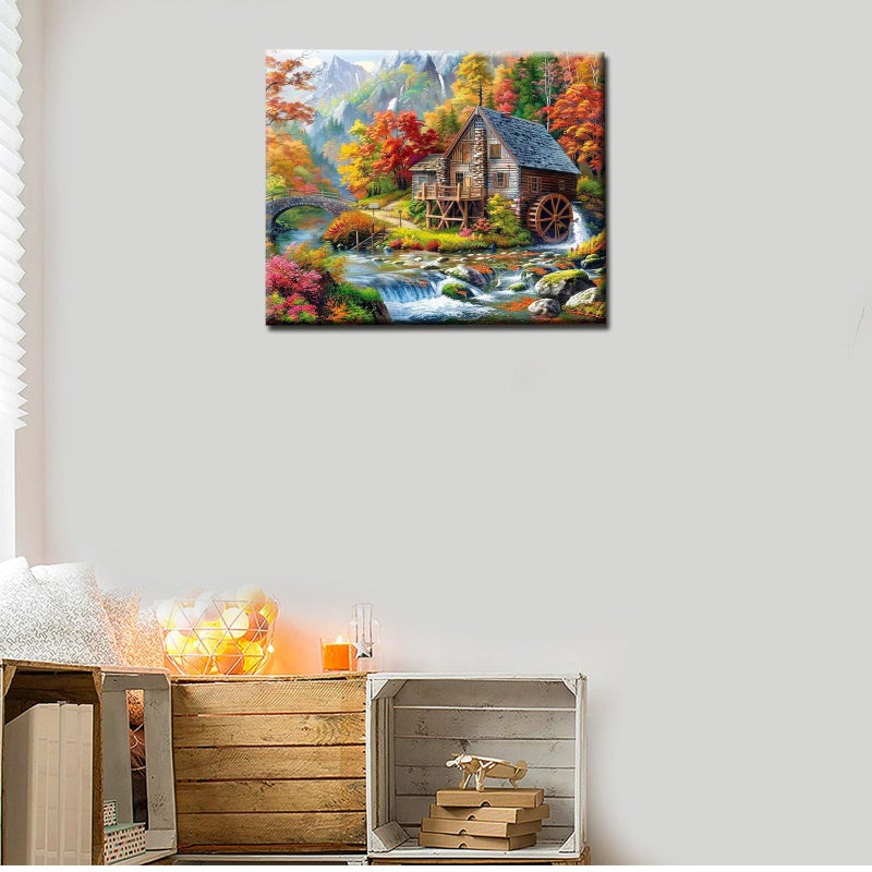 Aihonmin Log Cabin in Autumn Paint by Numbers Mountain River Landscape Paint by Numbers Kits for Adult,Still Life Pictures Painting Art Gift Perfect for Gift Home Wall Decor Without Framed 16''W x 20''H - Image 4