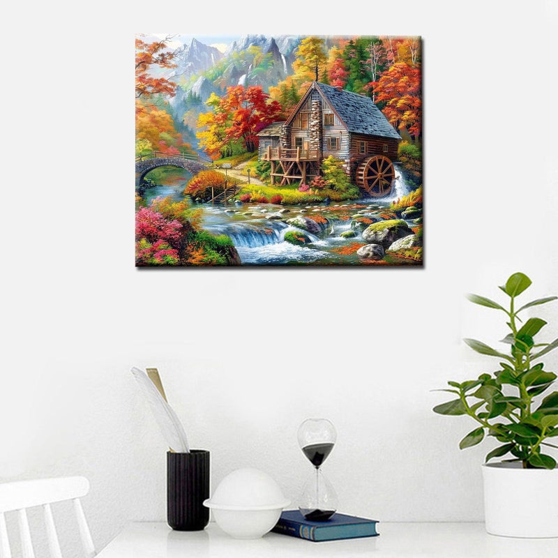 Aihonmin Log Cabin in Autumn Paint by Numbers Mountain River Landscape Paint by Numbers Kits for Adult,Still Life Pictures Painting Art Gift Perfect for Gift Home Wall Decor Without Framed 16''W x 20''H - Image 2