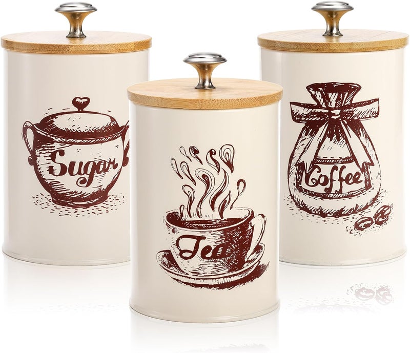 Youeon Canister Sets for Kitchen Counter, Coffee Sugar Tea Canister Set, Metal Vintage Kitchen Containers 3 Pack, Food Storage Containers with Bamboo Lid, Farmhouse Decor, Beige - Image 1