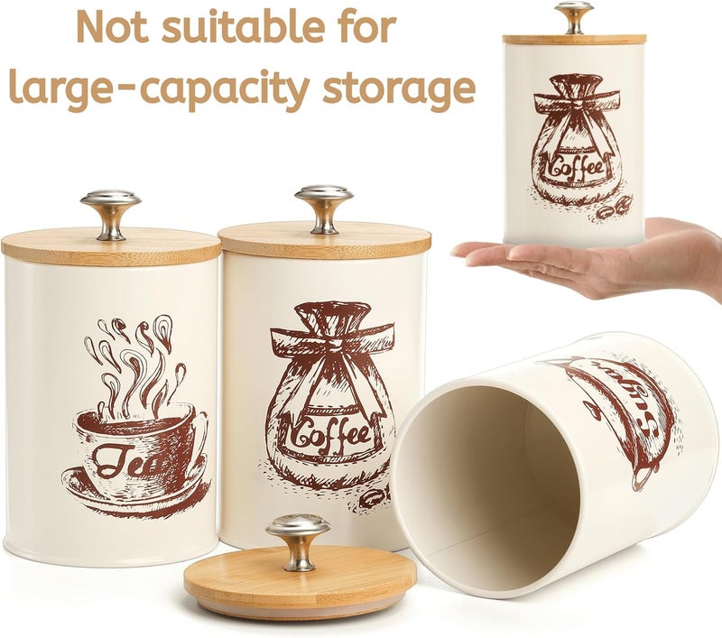 Youeon Canister Sets for Kitchen Counter, Coffee Sugar Tea Canister Set, Metal Vintage Kitchen Containers 3 Pack, Food Storage Containers with Bamboo Lid, Farmhouse Decor, Beige - Image 4