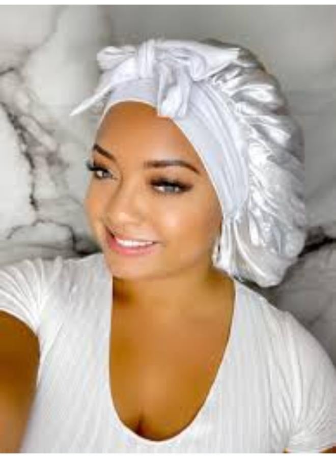 Satin Bonnet, Silk Sleep Bonnet, Double Layer Satin Bonnet with Hair Ties for Women - White - Image 1