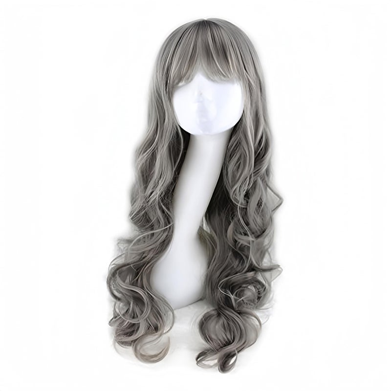 RightOn Gray Wig Long Curly Gray Wigs with Bangs Grandma Grey Wigs for Women Daily Party Hairnet Include