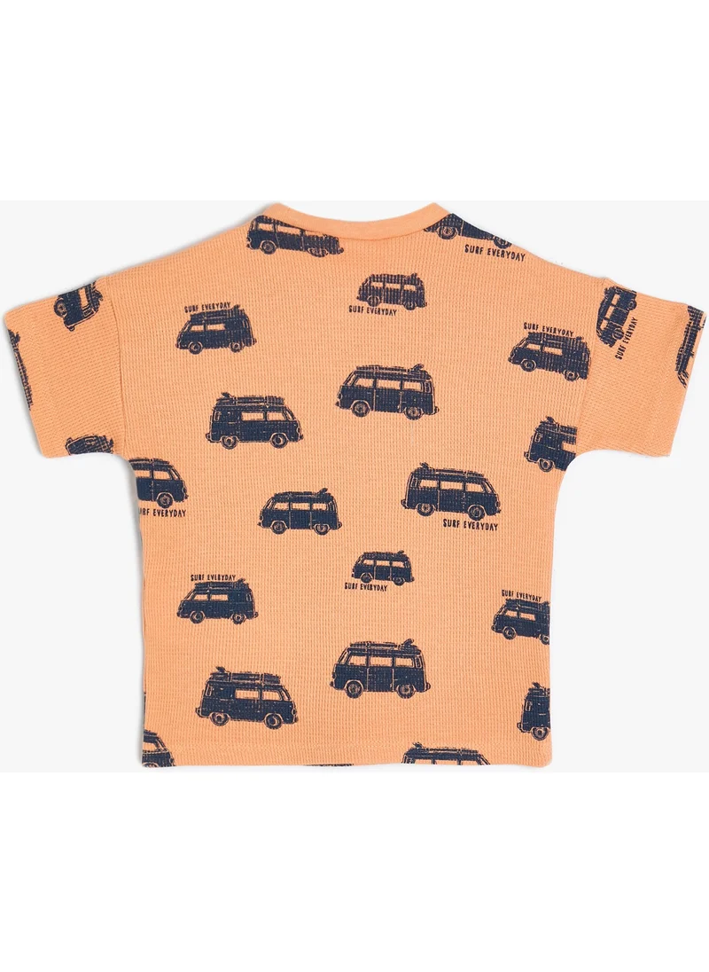 KOTON T-Shirt Short Sleeve Car Printed Crew Neck Cotton