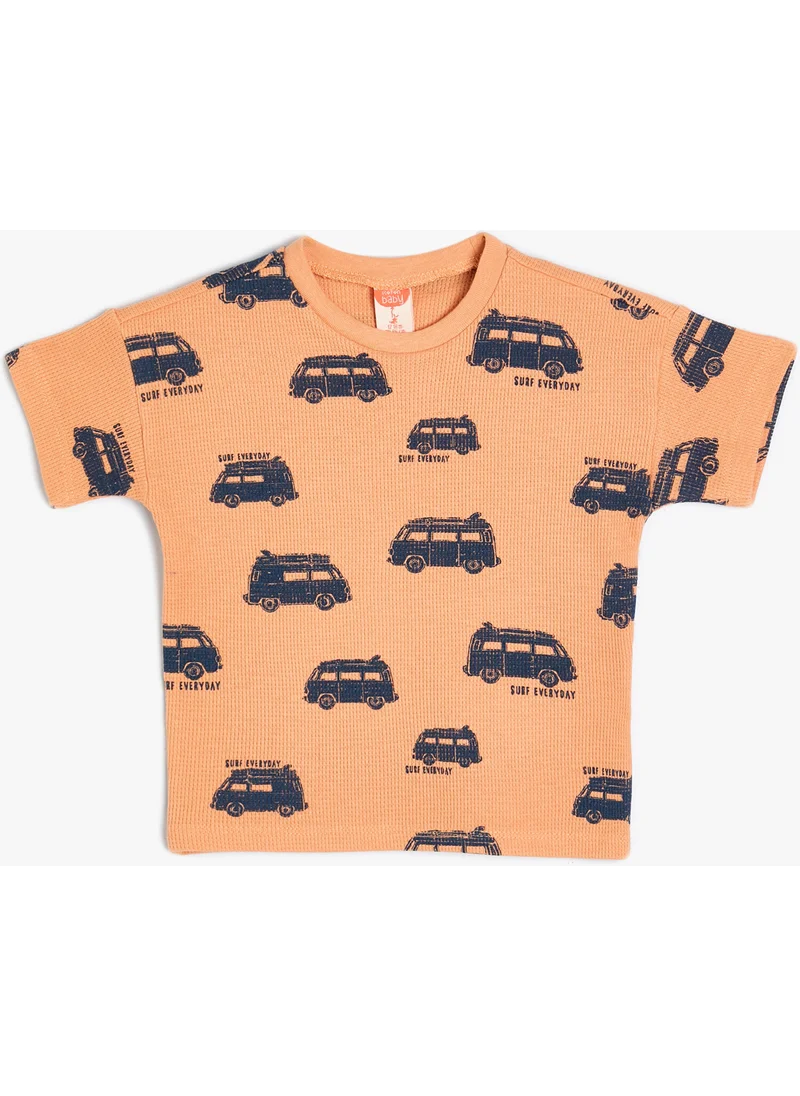 KOTON T-Shirt Short Sleeve Car Printed Crew Neck Cotton