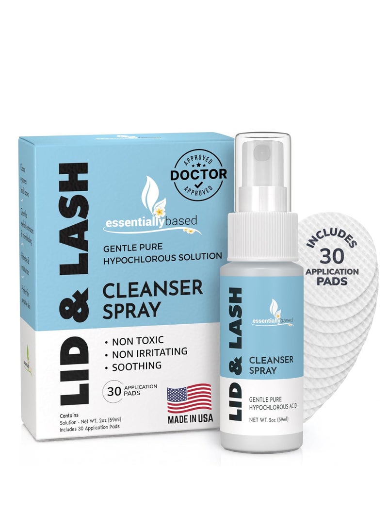 essentiallybased Essentially Based Eyelid Cleanser Kit - 2 oz Eyelids and Eyelash Cleaner - Hypochlorous Acid Spray Solution - Eye Wash Solution with 30 Application Pads - Made in USA 