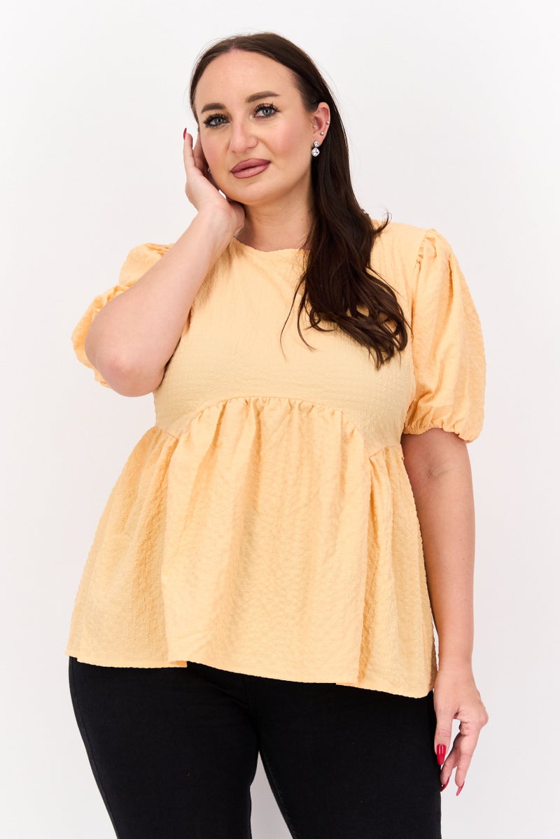 Neon Rose Women Plus Size Round Neck Short Sleeves Textured Top, Orange - Image 1