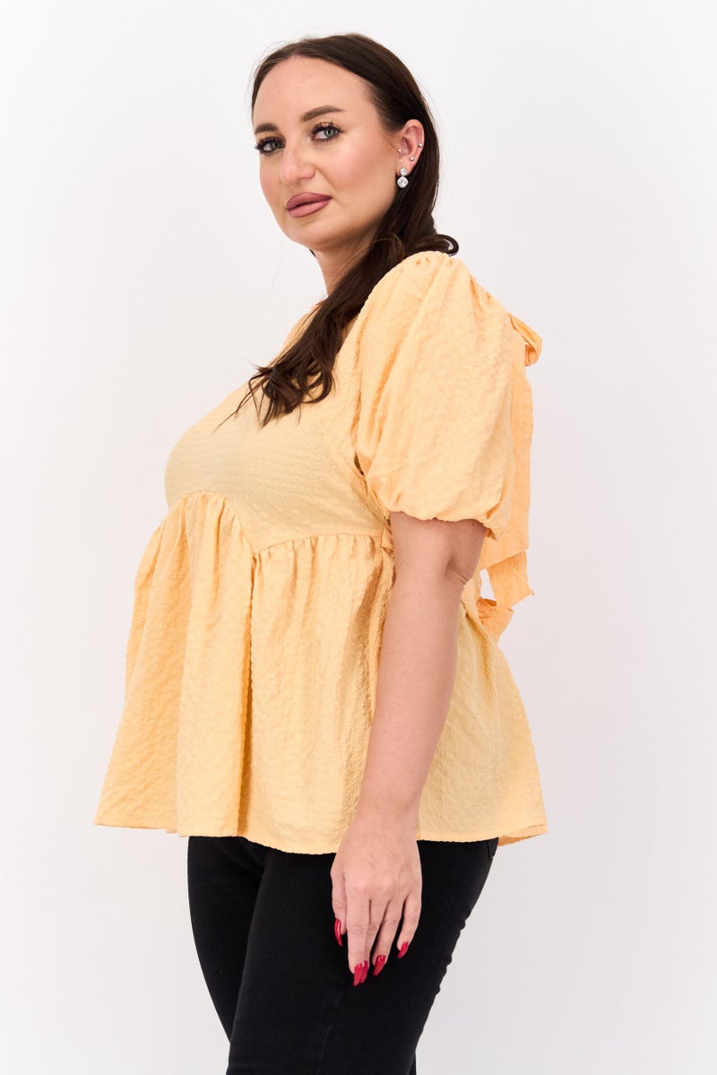 Neon Rose Women Plus Size Round Neck Short Sleeves Textured Top, Orange - Image 2