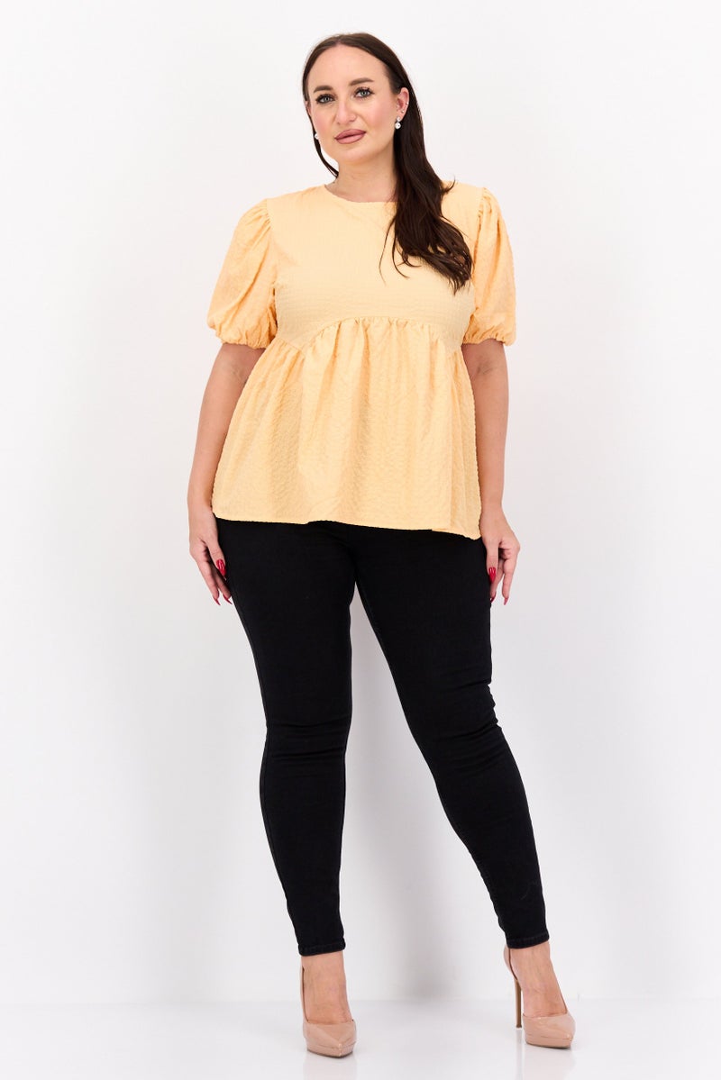 Neon Rose Women Plus Size Round Neck Short Sleeves Textured Top, Orange - Image 4