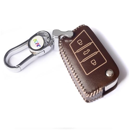 JVCV® Car Styling Soft Handmade Leather Key Cover Compatible with Skoda Kylaq Slavia Kushaq Octavia Taigun Tiguan Virtus Kodiaq Superb Folding Key (Brown) - Image 1