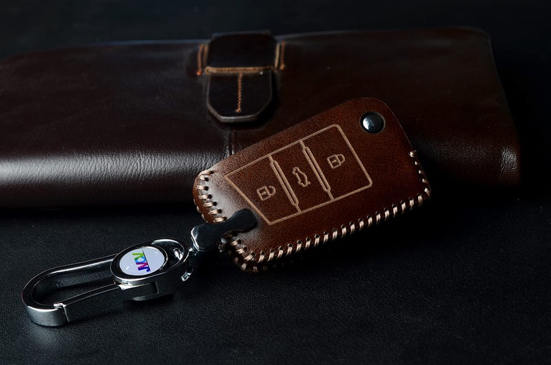 JVCV® Car Styling Soft Handmade Leather Key Cover Compatible with Skoda Kylaq Slavia Kushaq Octavia Taigun Tiguan Virtus Kodiaq Superb Folding Key (Brown) - Image 3