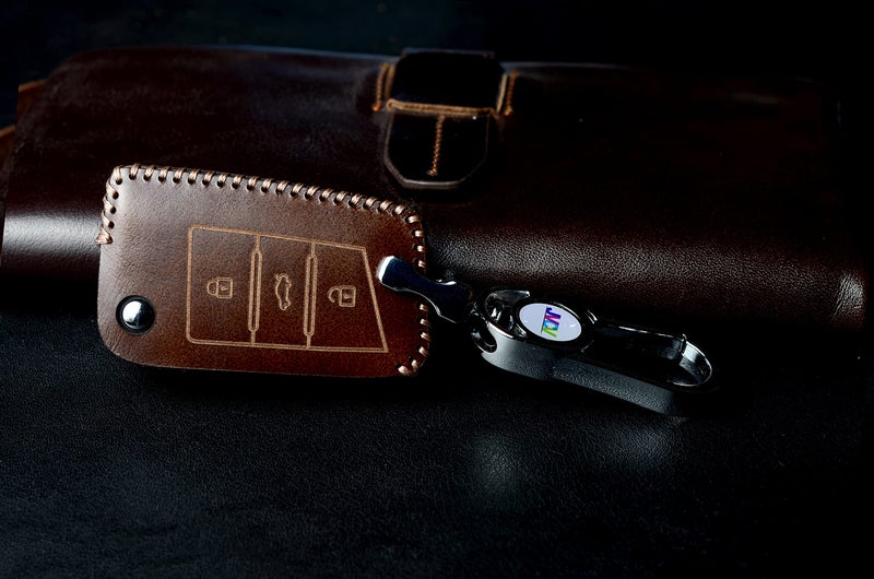 JVCV® Car Styling Soft Handmade Leather Key Cover Compatible with Skoda Kylaq Slavia Kushaq Octavia Taigun Tiguan Virtus Kodiaq Superb Folding Key (Brown) - Image 4