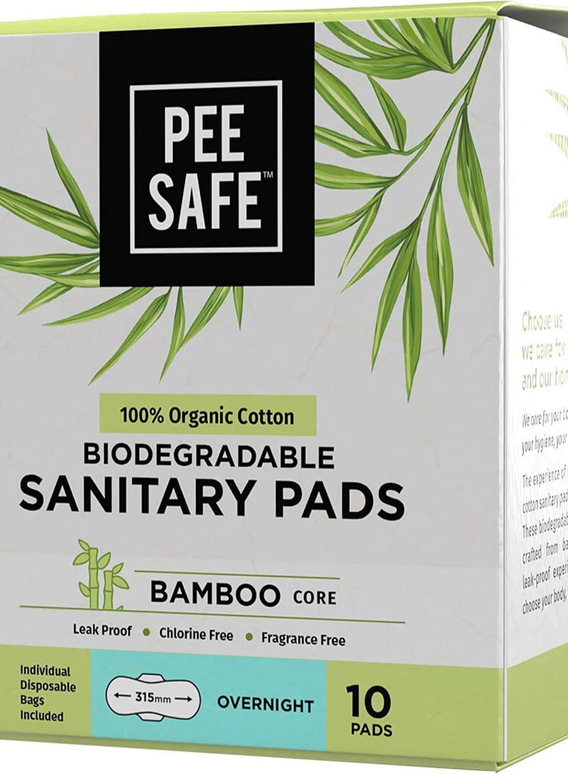 Pee Safe 100% Organic Cotton Biodegradable Sanitary Pads, Overnight | Anti-Bacterial | Superb Absorbency | Long Lasting Protection | Skin Friendly | Comfortable & Easy To Use | Pack of 10 - Image 1